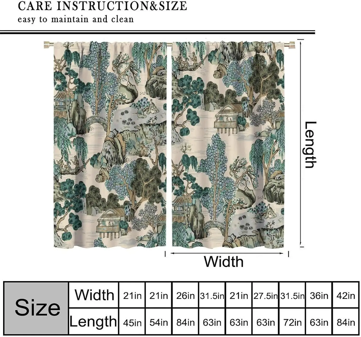 Oriental Ink Scenery Window Curtain Cream Chinese Tree House River Mountain Pattern Rod Pocket Panels Traditional Room