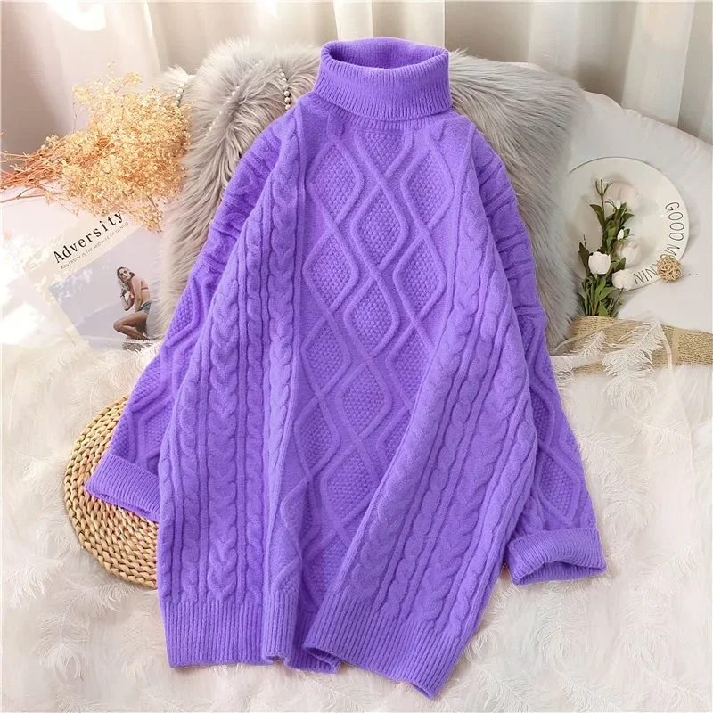 

Women's Twist Turtleneck Mid-length Sweaters Winter Thick Warm Ribbed Kint Long Tops Elegant Candy Colors Soft Korean Pullover