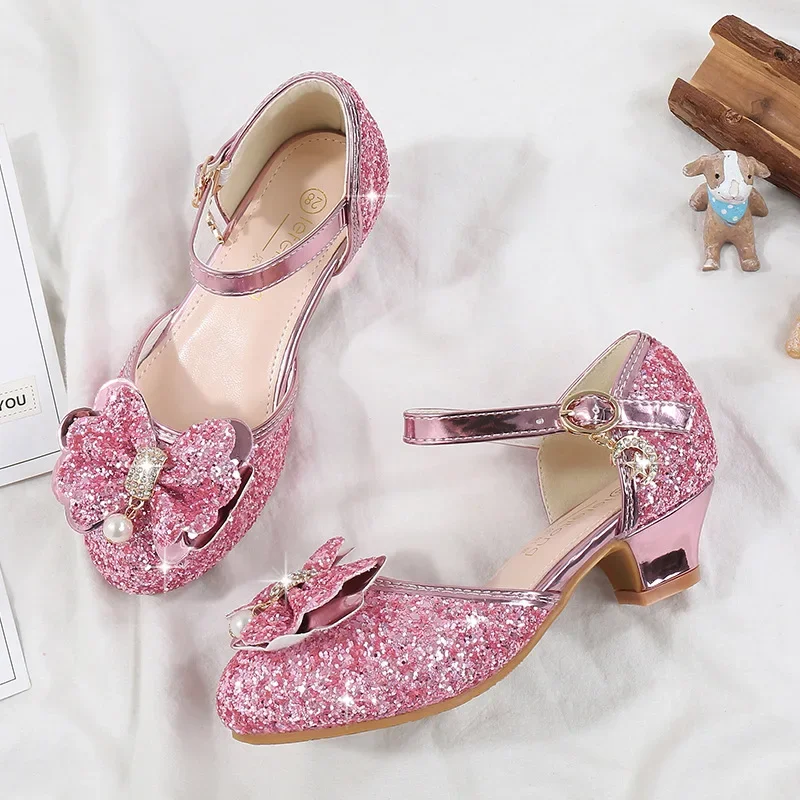 Children\'s Sandals for Party Wedding Elegant Bowknot Kids Girls Versatile Sequins High-heels Fashion Pearl Princess Single Shoes