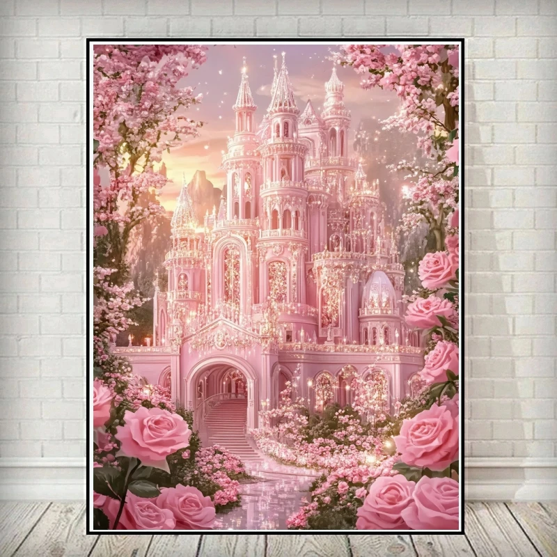 Neu eingetroffen: Diamant-Gemälde, 5D-DIY, mag rosa Schloss, Rose, Diamant-Mosaik, Landschaft, Blume, komplettes Strass-Bastelset, Geschenk