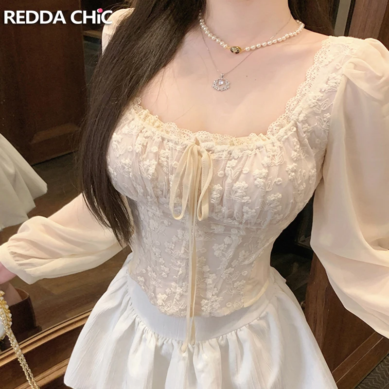 

ReddaChic рубашка с кружевной отделкой и вышивкой, женская блузка с повязкой и квадратным вырезом, облегающий укороченный топ с длинными рукавами, французская винтажная одежда