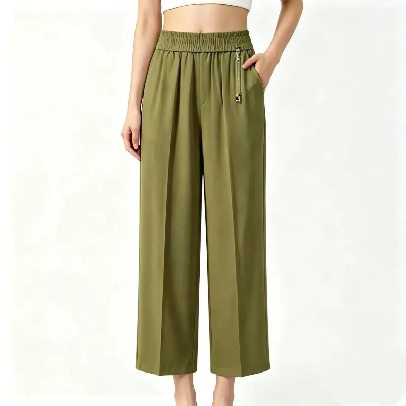 Elastic Waist Thin Wide Leg Pants Women Plus Size Casual Straight Trousers For Middle Elderly