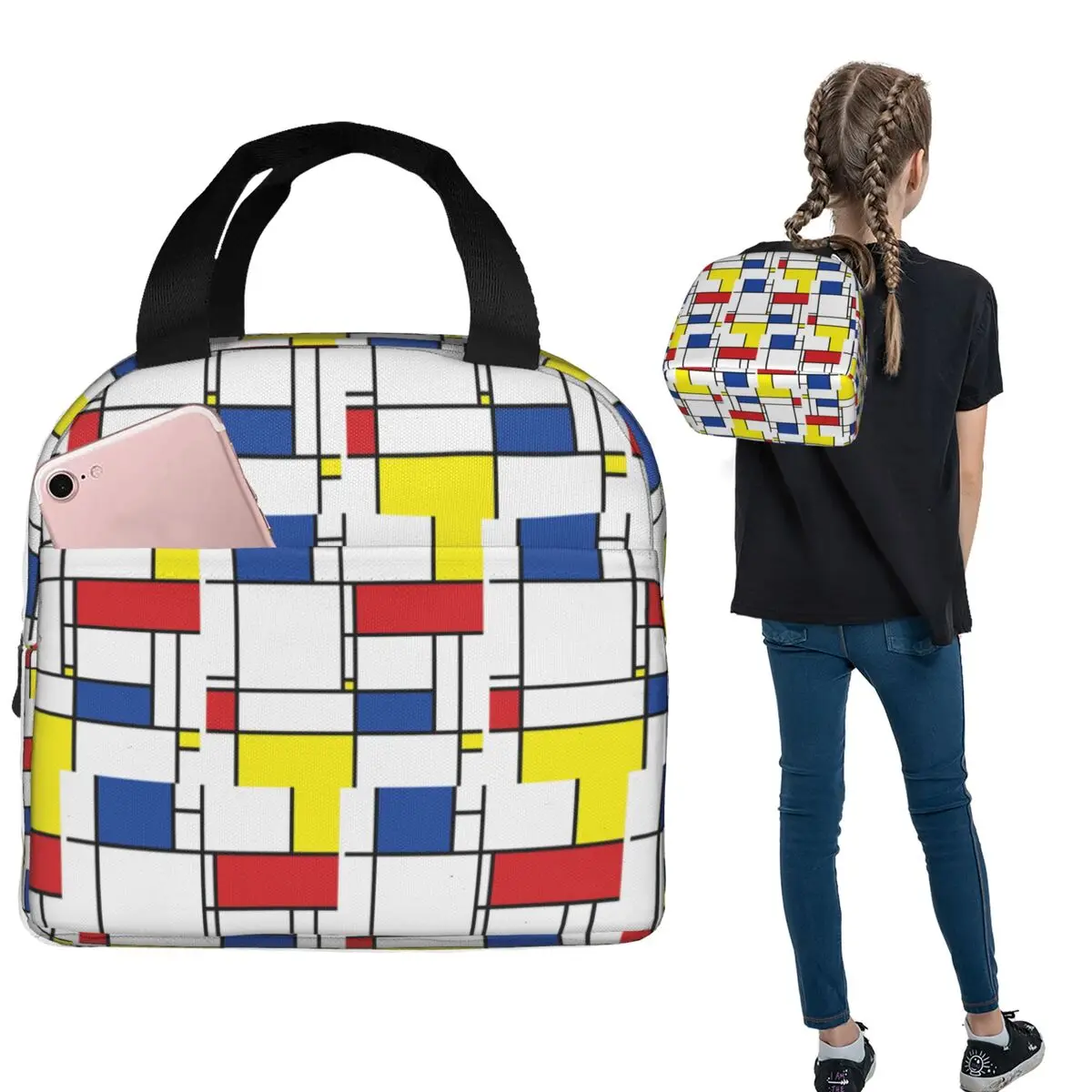Mondrian Minimalist De Stijl Modern Art I.I Fatfatin Insulated Lunch Bag for Women KidsPortable Food Boxes ThermalLunch Box Tote