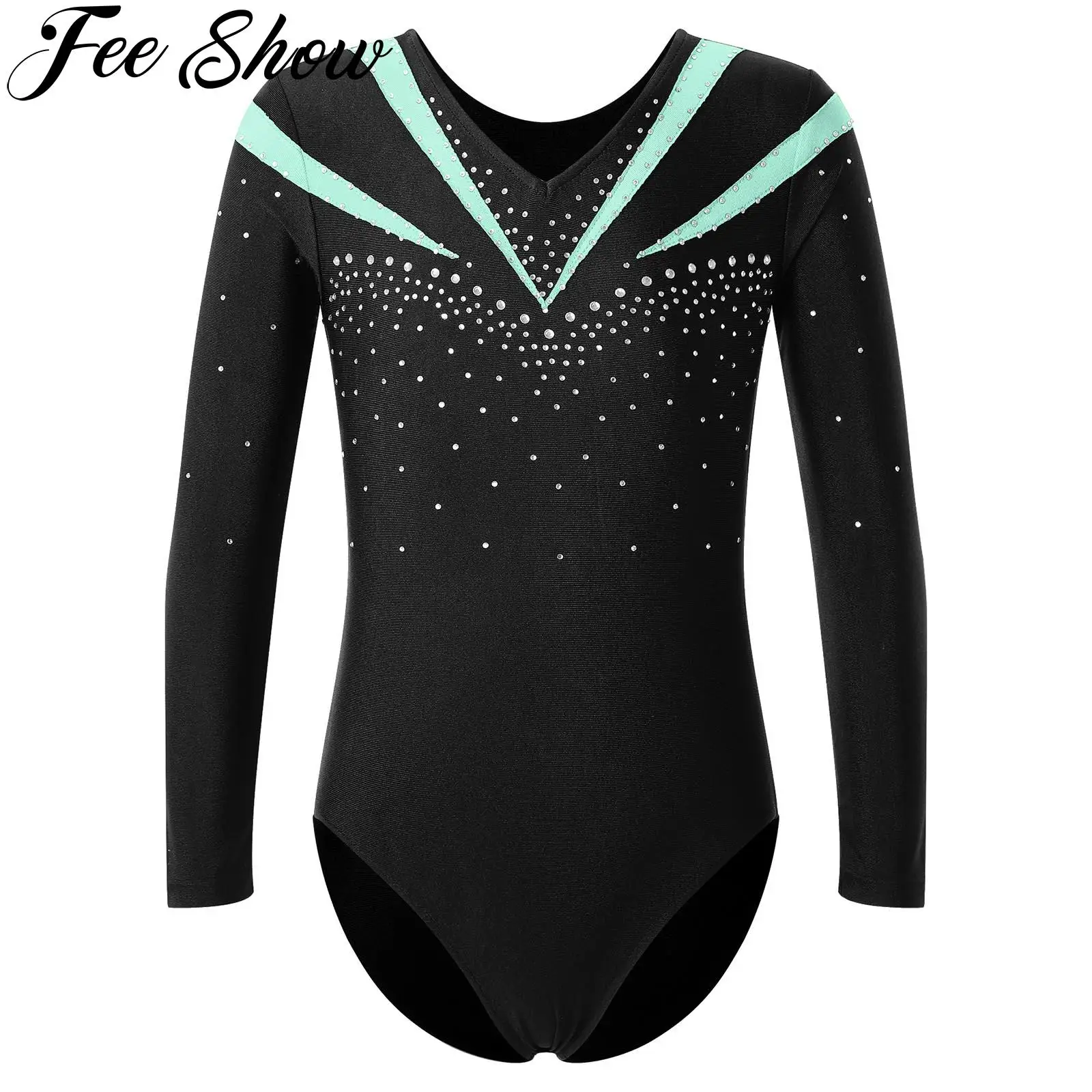 Kids Girls Ballet Dance Leotard Long Sleeve Shiny Rhinestone Decorated Contrast Color Slim Fit Gymnastics Workout Dance Bodysuit