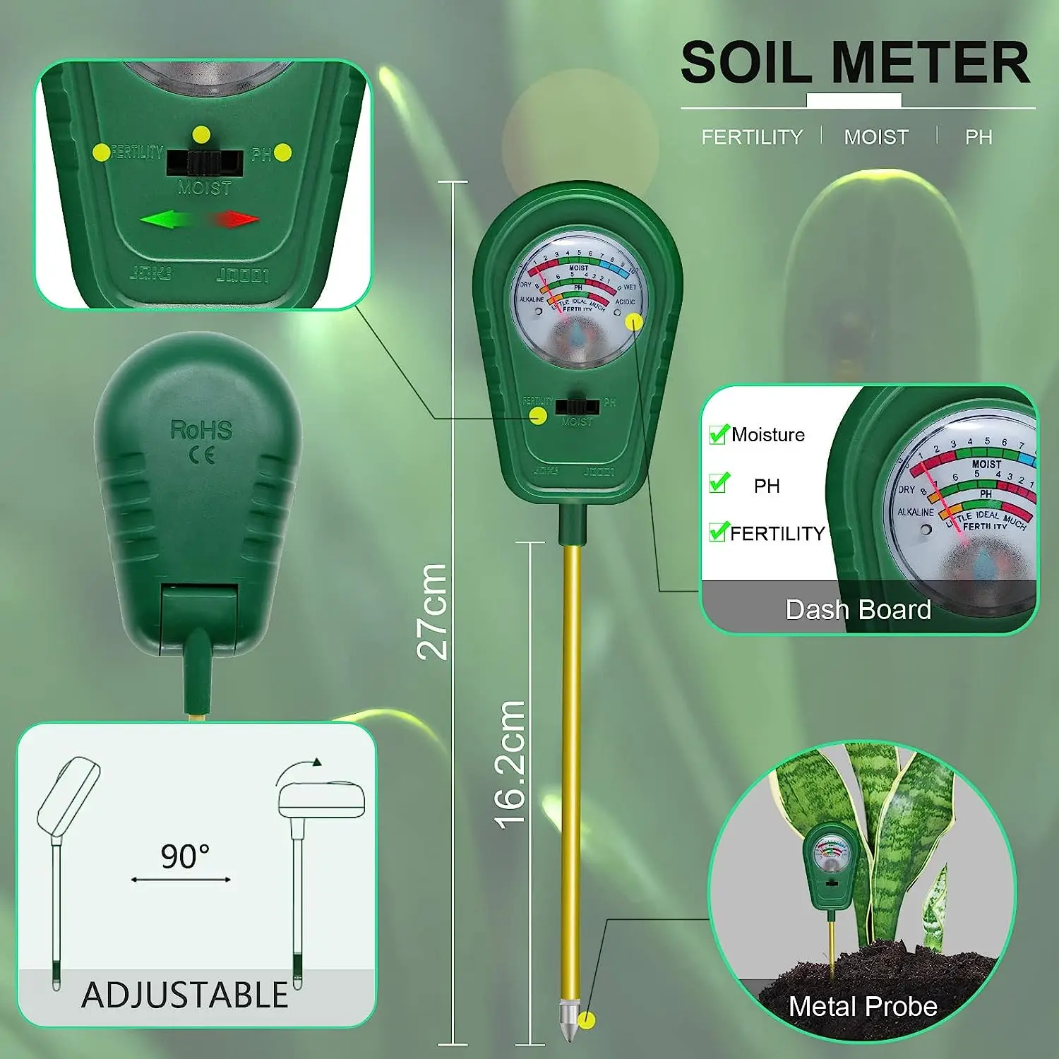 3-in-1 Soil Test Kit, Soil Moisture Meter/Soil ph Meter/Fertility Soil Tester, Soil Hygrometer for Garden, Farm House Plants