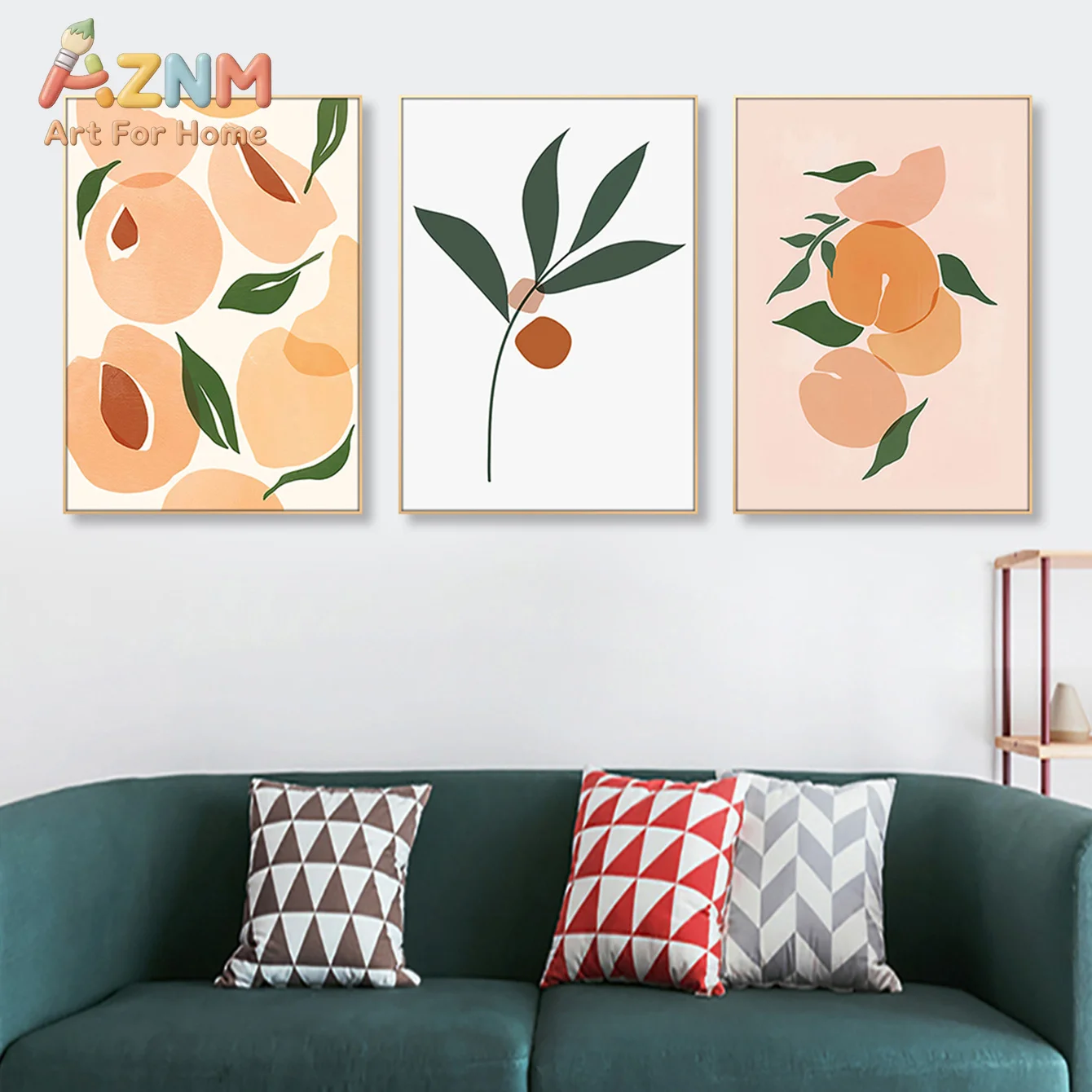 AZNM Abstract Peach Fruit Canvas Wall Art Boho Botanical Leaf Minimalist Frameless Canvas Painting Living Room Home Decor Poster
