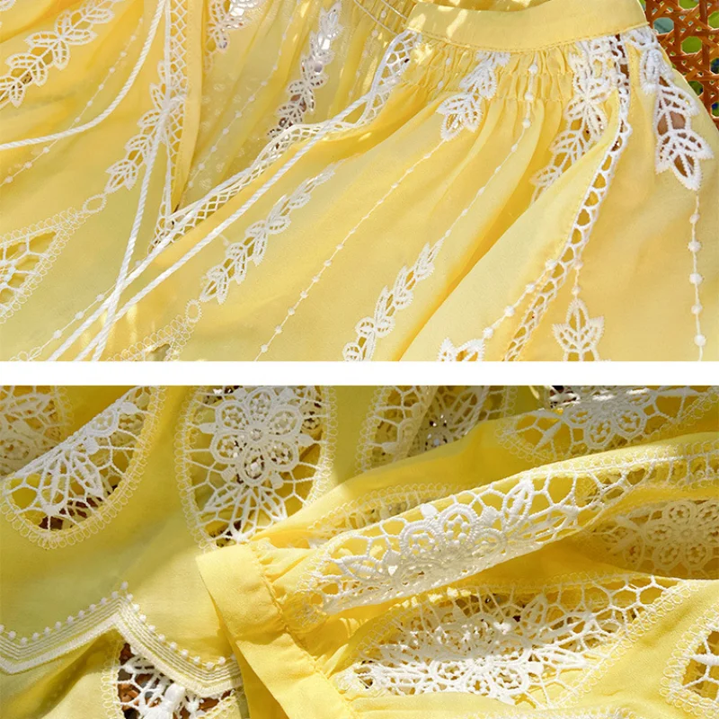 Women Holiday Style French Embroidered Top Seaside Holiday Blouses Fashion Sweet Vintage Bohemian Blue Yellow Lace Lady Top