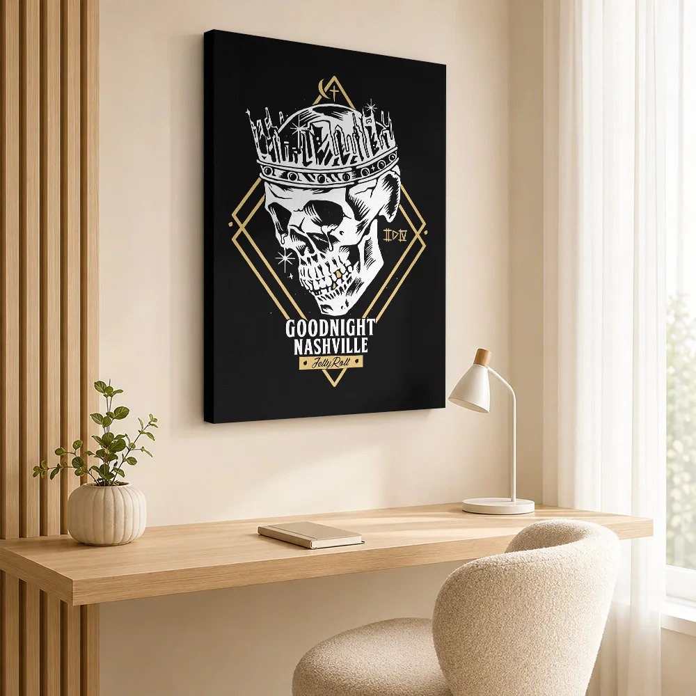 Goodnight Nashville Crowned Skull Framed Canvas Print Personalized Photo Illustrated Wall Art For Record Shop Listening Area