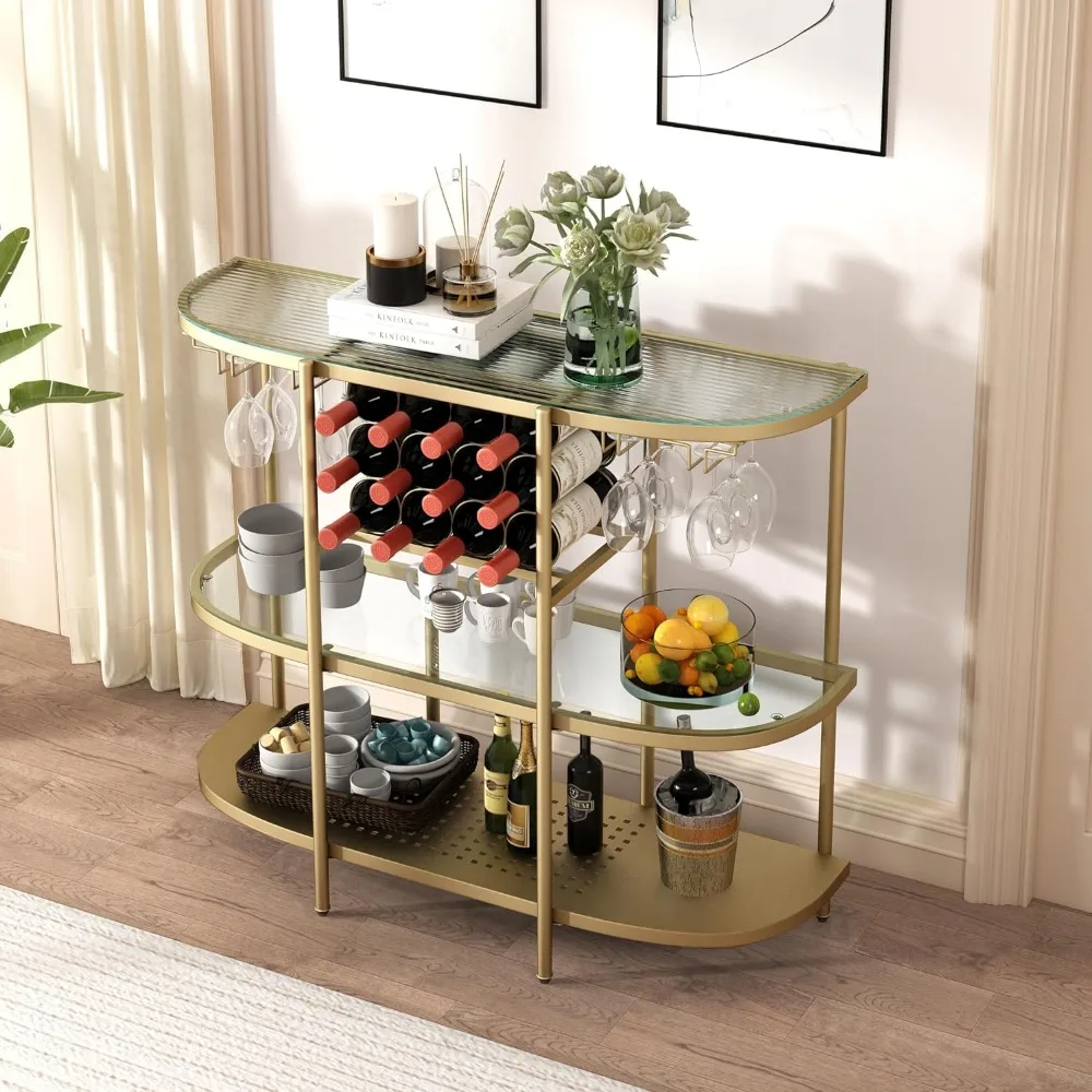 Wine Rack Table with Glass Holders, 3-Tier Liquor Bar Table, Home Bar Coffee Bar Table for Living Room Kitchen, Gold