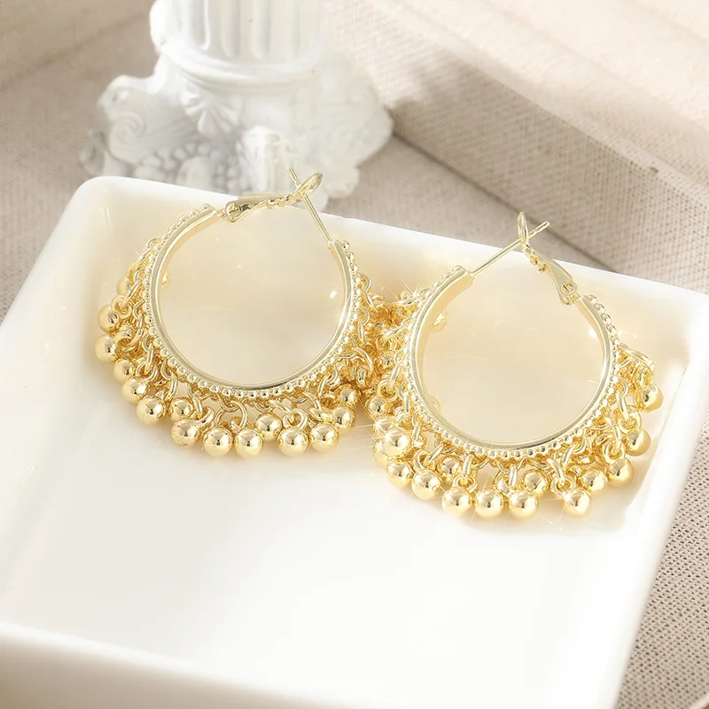 Böhmische Mode Trendige Goldfarbene Perlen Quasten-Creolen Luxuriöse Ethnische Ohrringe für Damen Party Brautschmuck Geschenke – Detail 3