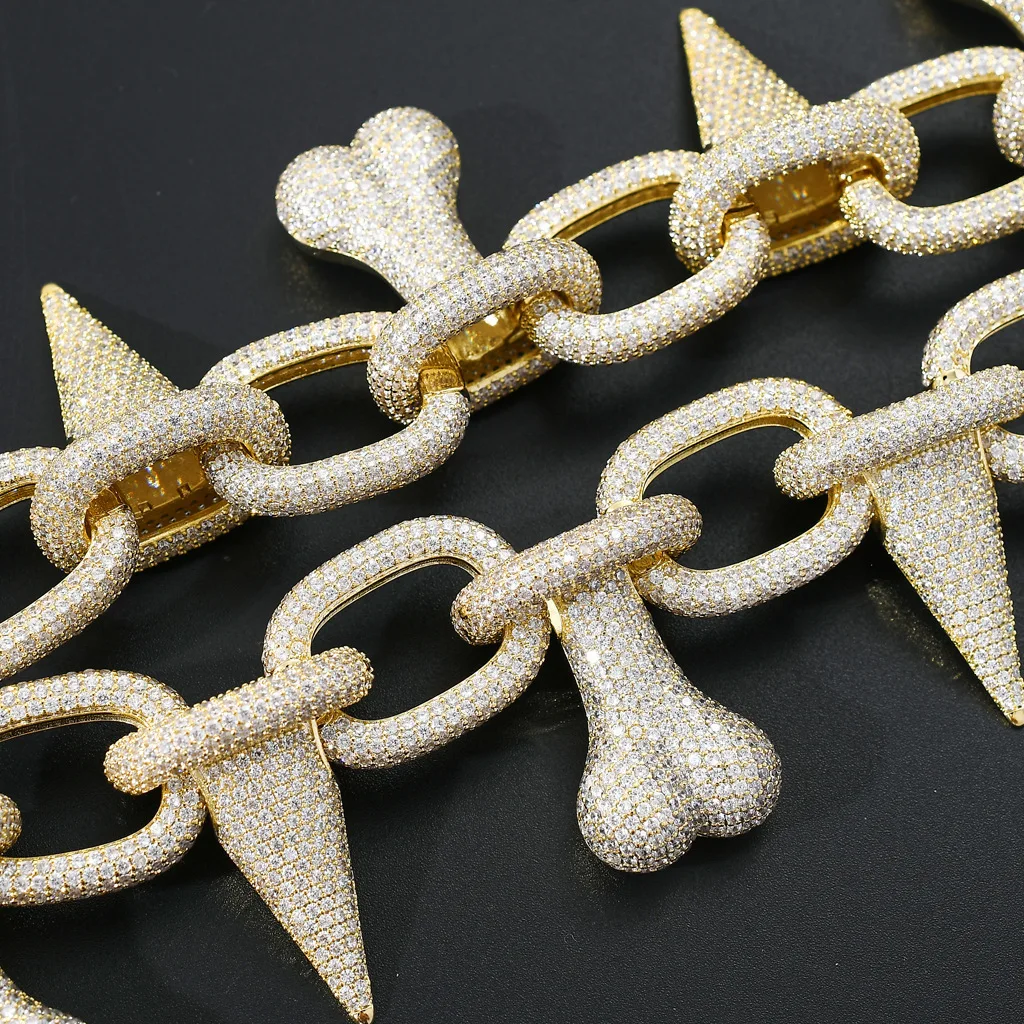Iced Out Bone Spike Charm Bracelet Silver Plated Cubic Zircon Thick Link Chain Hip Hop Punk Unisex Statement Bracelet
