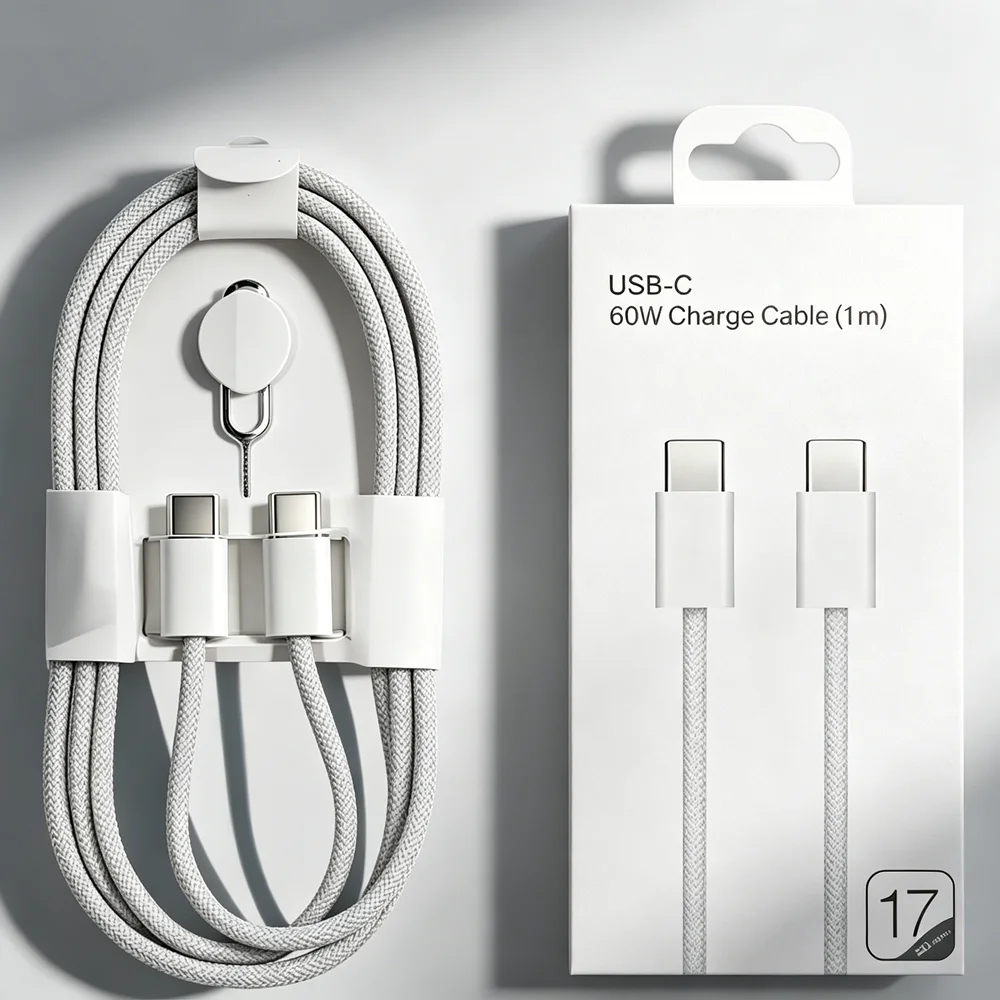 USB-C to USB-C 60W PD Fast Charging Cable For iPhone 15 16 Plus 17 Pro Max Samsung Moto Xiaomi Type-C Braided Cable 1m With Box
