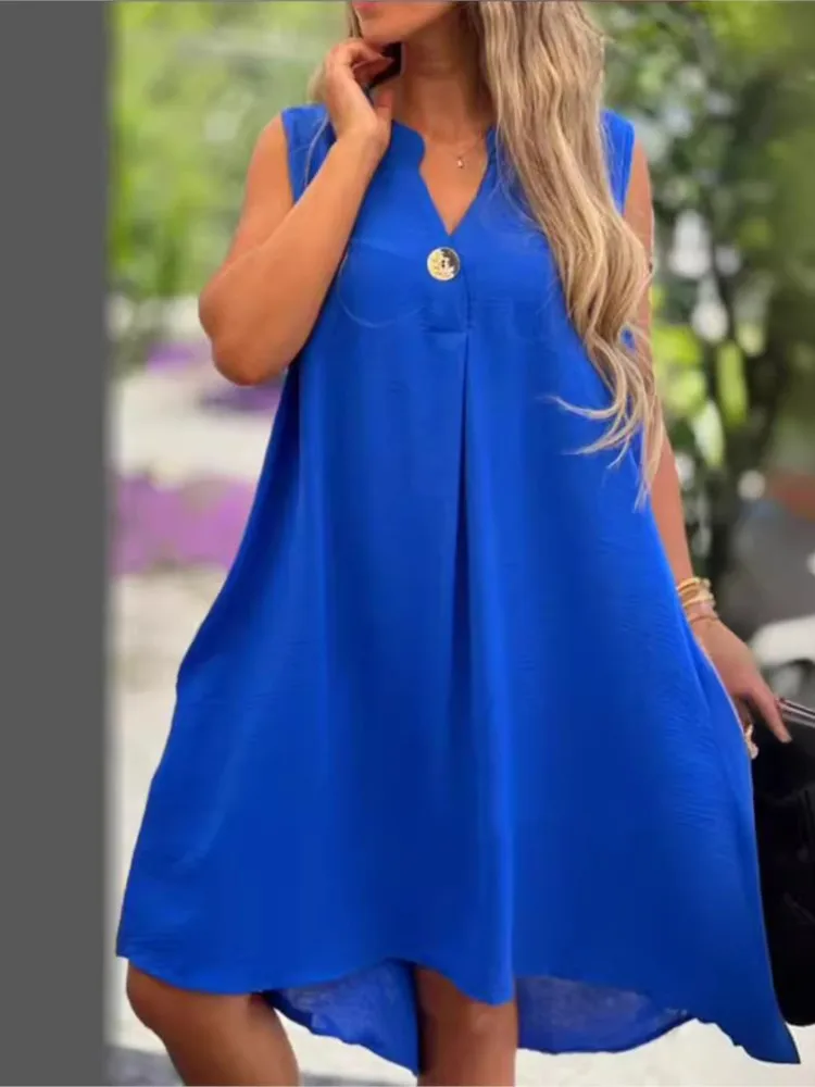 

Spring Summer New Women's Solid Color Sleeveless Sexy V-neck Button Decoration Casual Loose Irregular Dress