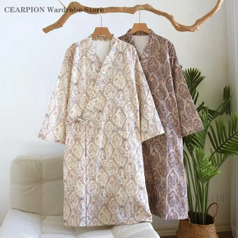 Cotton Retro Jacquard Bathrobe for Men and Women Couple Kimono Pajamas Sleepwear Robe Home Wear Absorbent Bath Robe Loungewear