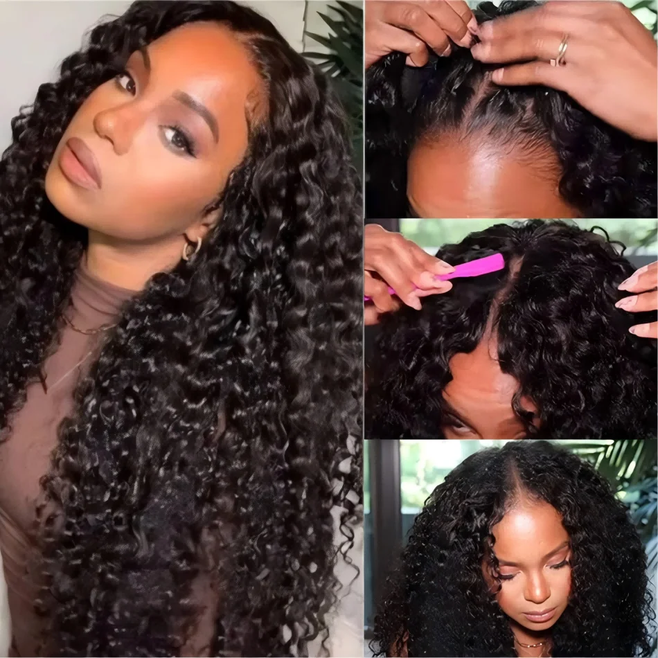 V Part Wig Human Hair Wear And Go Brazilian Curly Deep Wave Human Hair Wigs Machine Made Upgrade V Shape Clip 30 Inch Drawstring Half Wigs