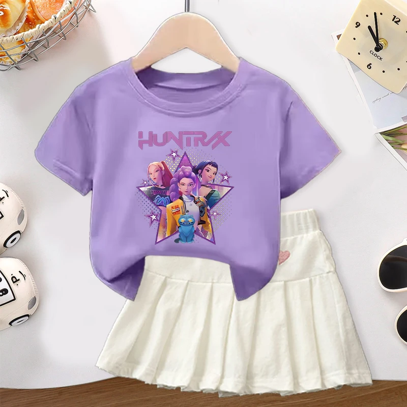 2 szt. K-pop Demon Hunters Spódniczka Koszulka Zestaw dla Dziewczynek Anime Kreskówka Śliczna Sukienka Top Komplet Dziecięca Letnia Moda Słodkie Spódniczki Prezent
