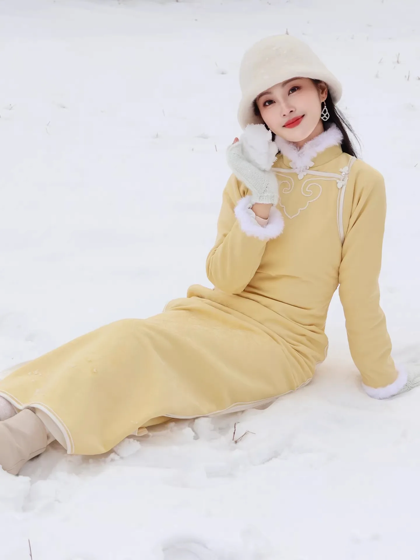 

Теплое золотистое женское зимнее платье-ципао в традиционном ретро-стиле с подкладкой, длинное, для повседневной носки и поездок на работу