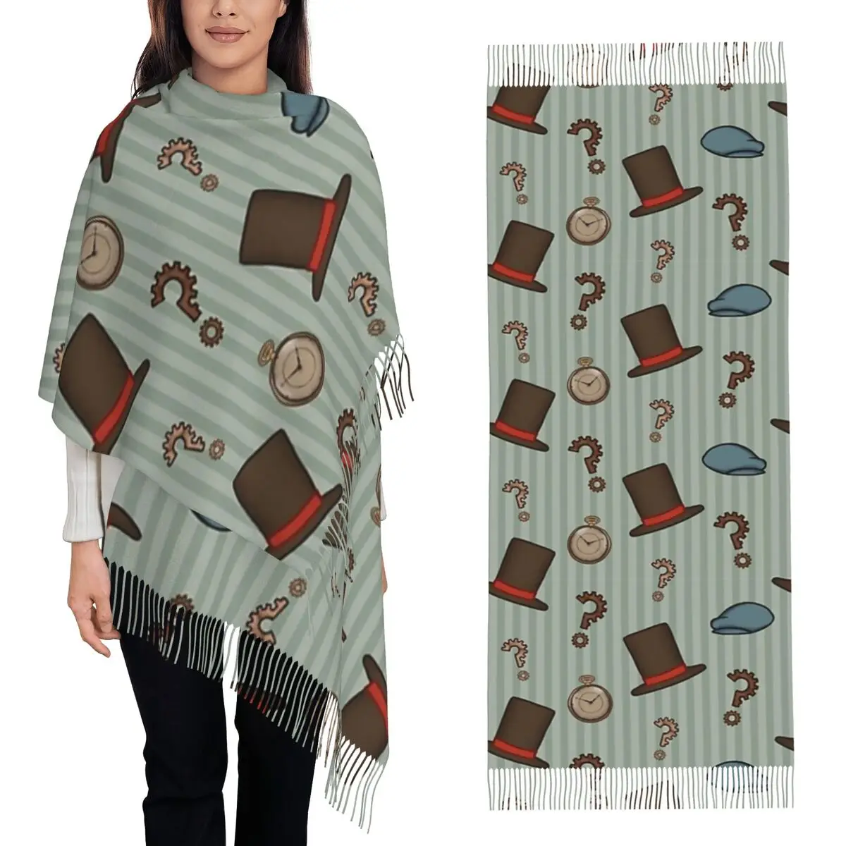 Professor Layton Repeated Pattern (Green) Scarf Tassel Scarves Women Soft Warm Shawls and Wraps Long Fall Winter Shawl Wrap