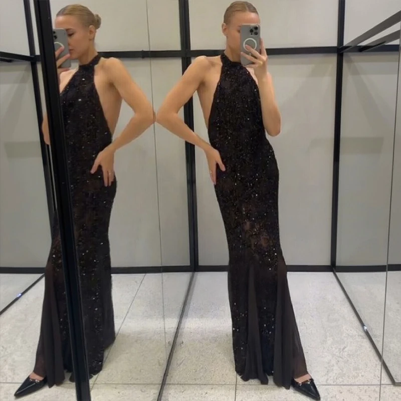 Elegant Sequin Shiny Halter Long Dress Fashion Sexy See Through Sleeveless Backless Slim Fit Gown NEW Lady Evening Party Outfit - view 2