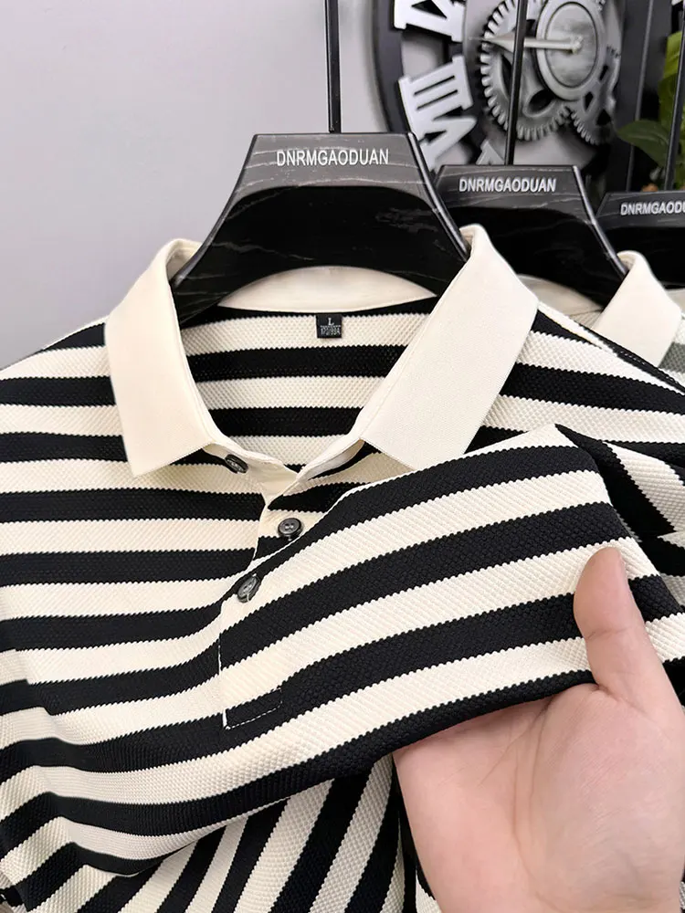 T Luxury  Lapel Men Long Sleeve High Quality Spring and Autumn Wear Fashionable Striped Color Matching Men's T-shirt Polo Shirt image 2