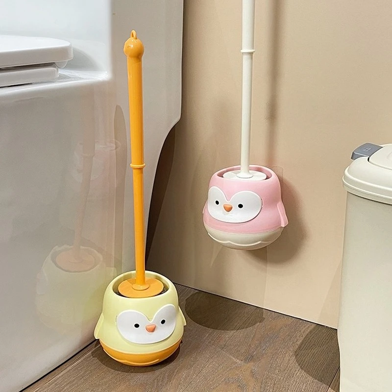 فرشاة تواليت بلاستيكية على شكل بطريق لطيف مع مقبض طويل وقاعدة واقفة لفرشاة تنظيف المرحاض في الحمام