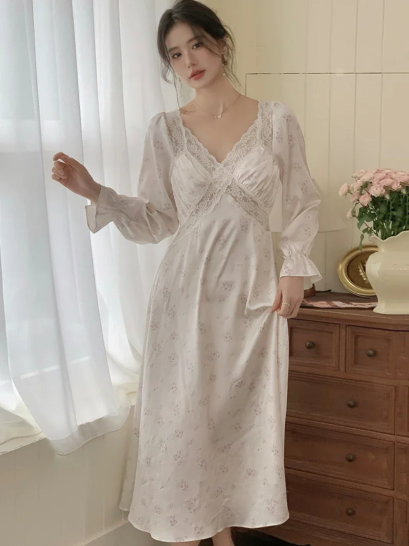 

French Vintage Princess Nightwear for Women Long Sleeve Nightgown Silk Sweet Print High Sexy Nightgowns Victorian Sleepwear