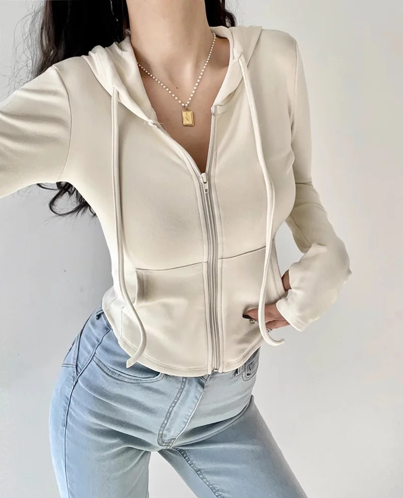 

Spicy girl style hooded cardigan sweater coat women's spring and autumn slim fit long sleeved short top V875