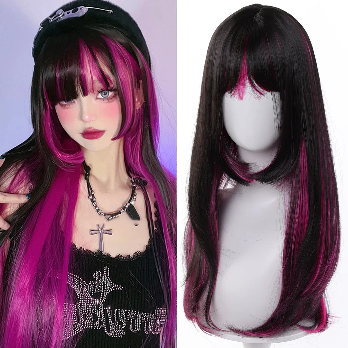 

Синтетический розово-красный парик Лолиты, длинный вьющийся термостойкий женский головной убор с челкой, парик принцессы с подсветкой