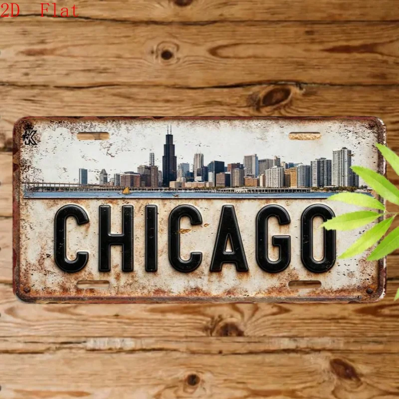 2D Flat Vintage Chicago Aluminum Sign Cityscape Wall Decor, American Theme Travel Souvenir Gift