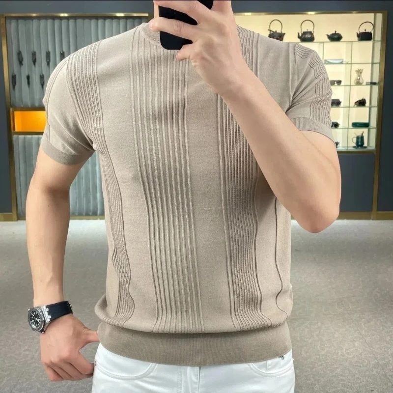 

Spring Autumn Fashion Round Neck Short Sleeves Men's Clothing Casual Versatile Stripes Tees Solid Color Knit Slimming T-Shirts