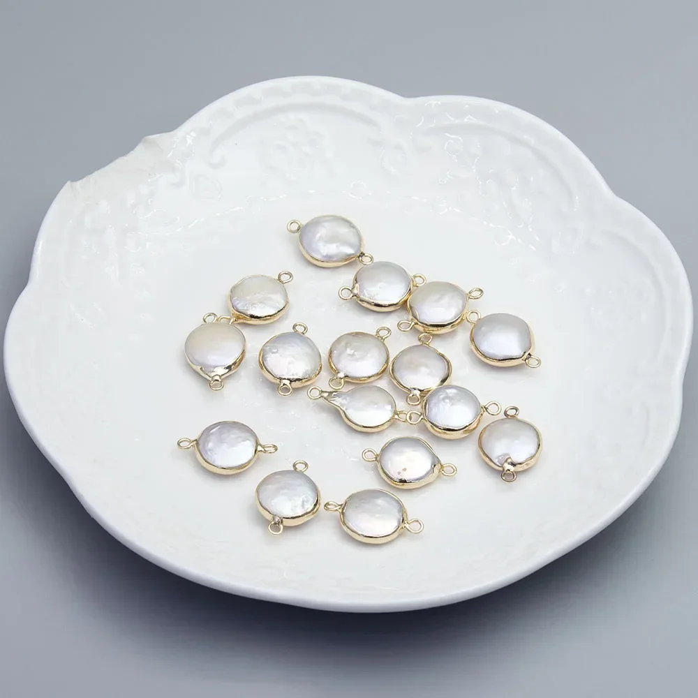 

1PC Natural Freshwater Pearl Double Hole Connector Pendant Round Golden-plated Charms Jewelry DIY Necklace Bracelet Accessories