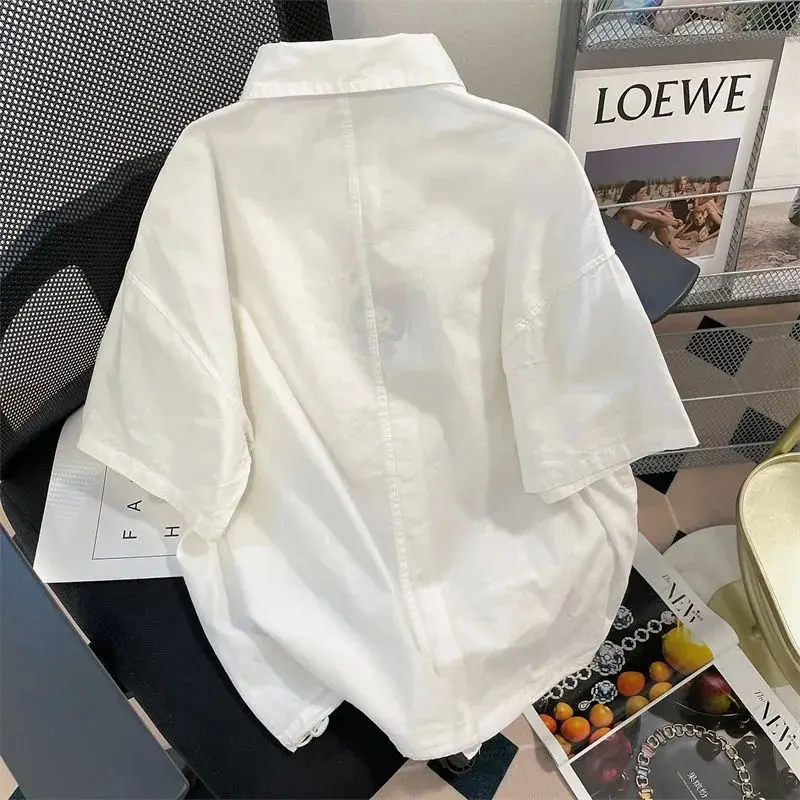 Harajuku Y2K Embroidery Cartoon Funny Lapel Shirts Summer White Cotton Single Breasted Shirt Preppy Student E-girl Kawaii Blouse view 4