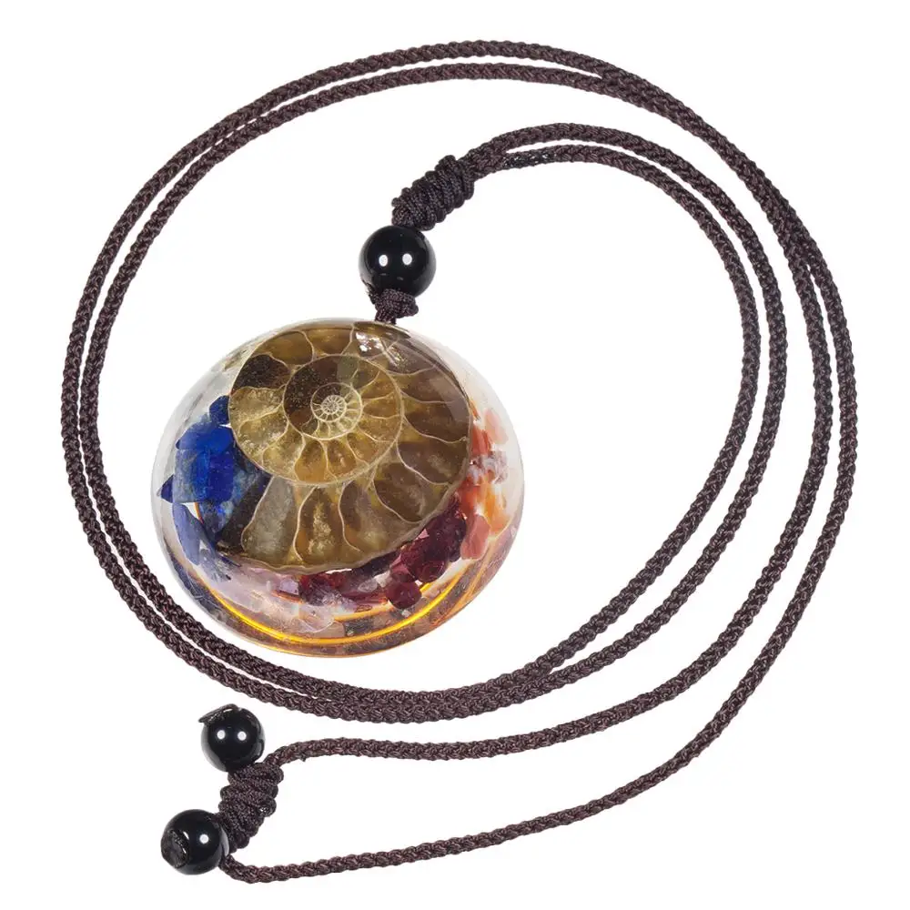 

TUMBEELLUWA Ammonite Fossils Seashell Snail Stone Pendant Necklace for Women Men,Healing Crystal Adjustable Braided Cord Jewelry