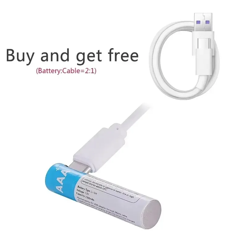 AAA Rechargeable Battery with Type-C Fast Charging 2300mAh 1.5V for Air Conditioner and TV Remote Control Replacement Battery