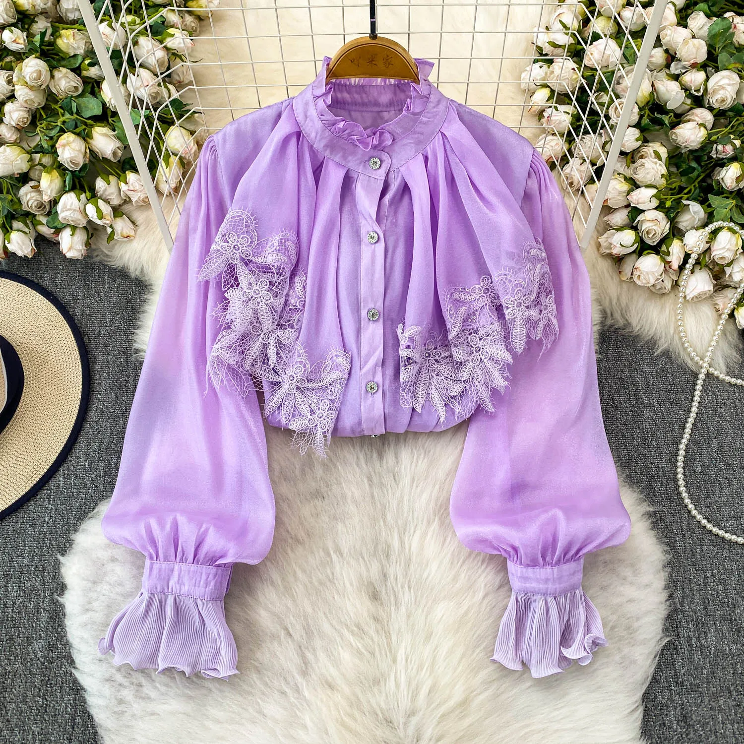 

Женские винтажные топы во французском дворце, рубашки, женская осенне-зимняя блузка с 3D цветочным дизайном, шифоновая сексуальная блузка с оборками на день рождения, фестиваль