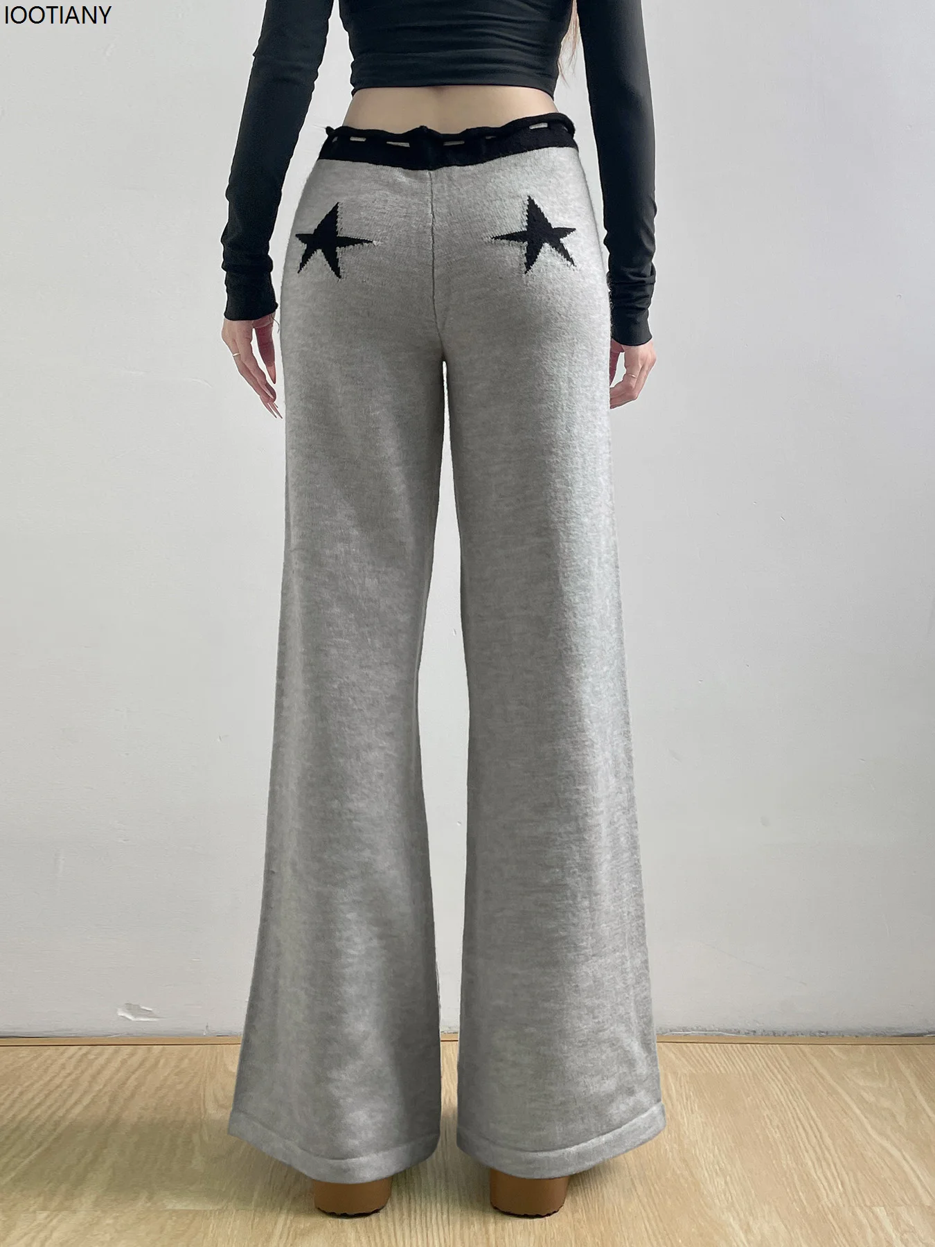 Loose Knitted Casual Pants Retro Star Woven Elastic Lace-up Pants Low Waist Wide Leg Pants Y2k Trousers Korean Fashion Flared