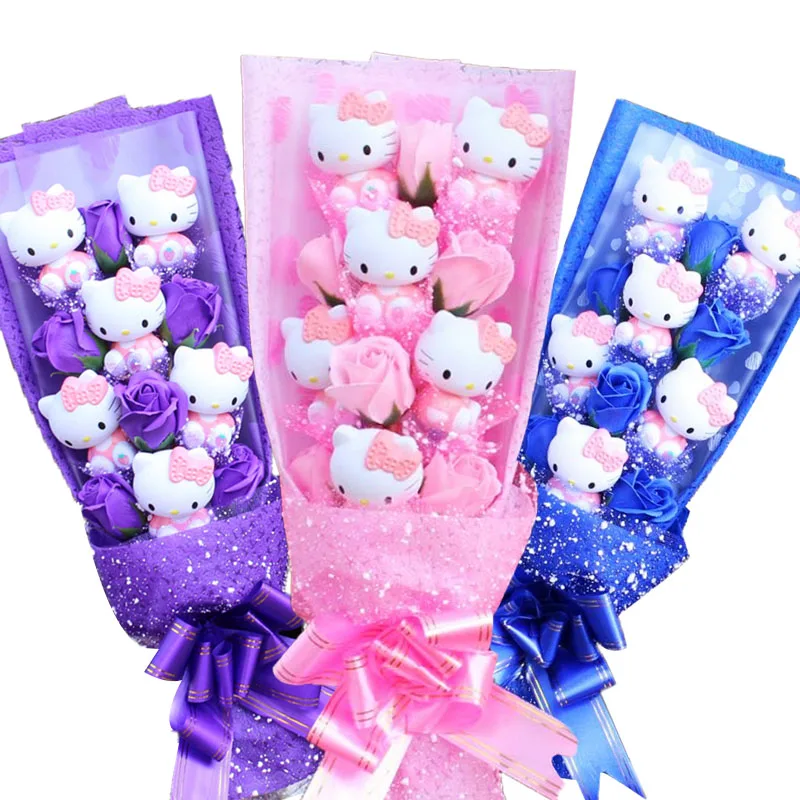 

Kawaii Hello Kitty Bouquet Cartoon 3 Colors Sanrios Kitty Cat Plush Doll Bouquet Wedding Birthday Valentines Plush Girls Gift