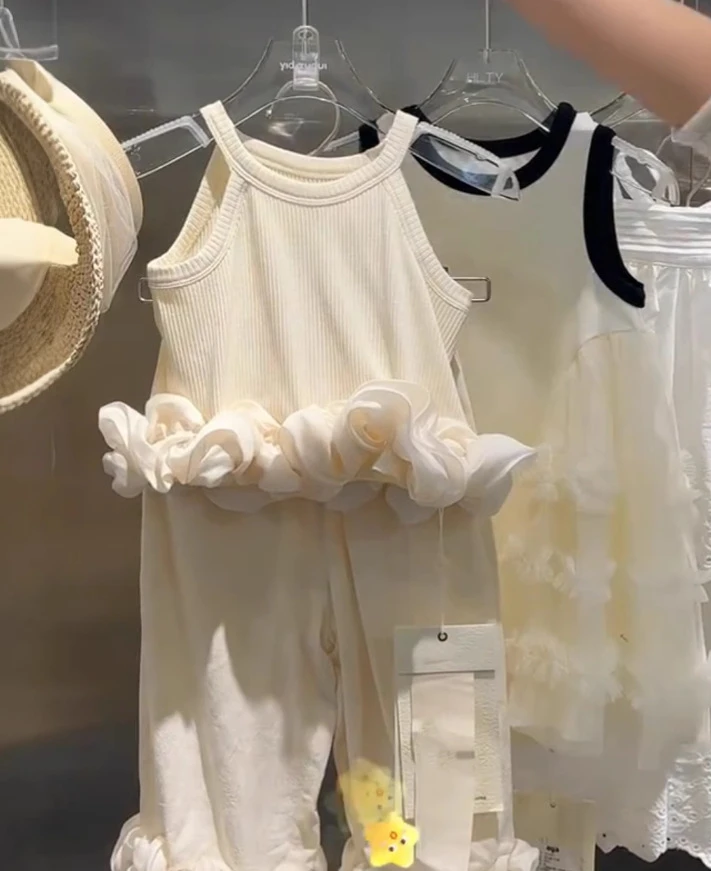 Girls Summer Set 2025 New French Beige Vest Top Long Pant Floral and Stylish Summer Style Two-piece Set