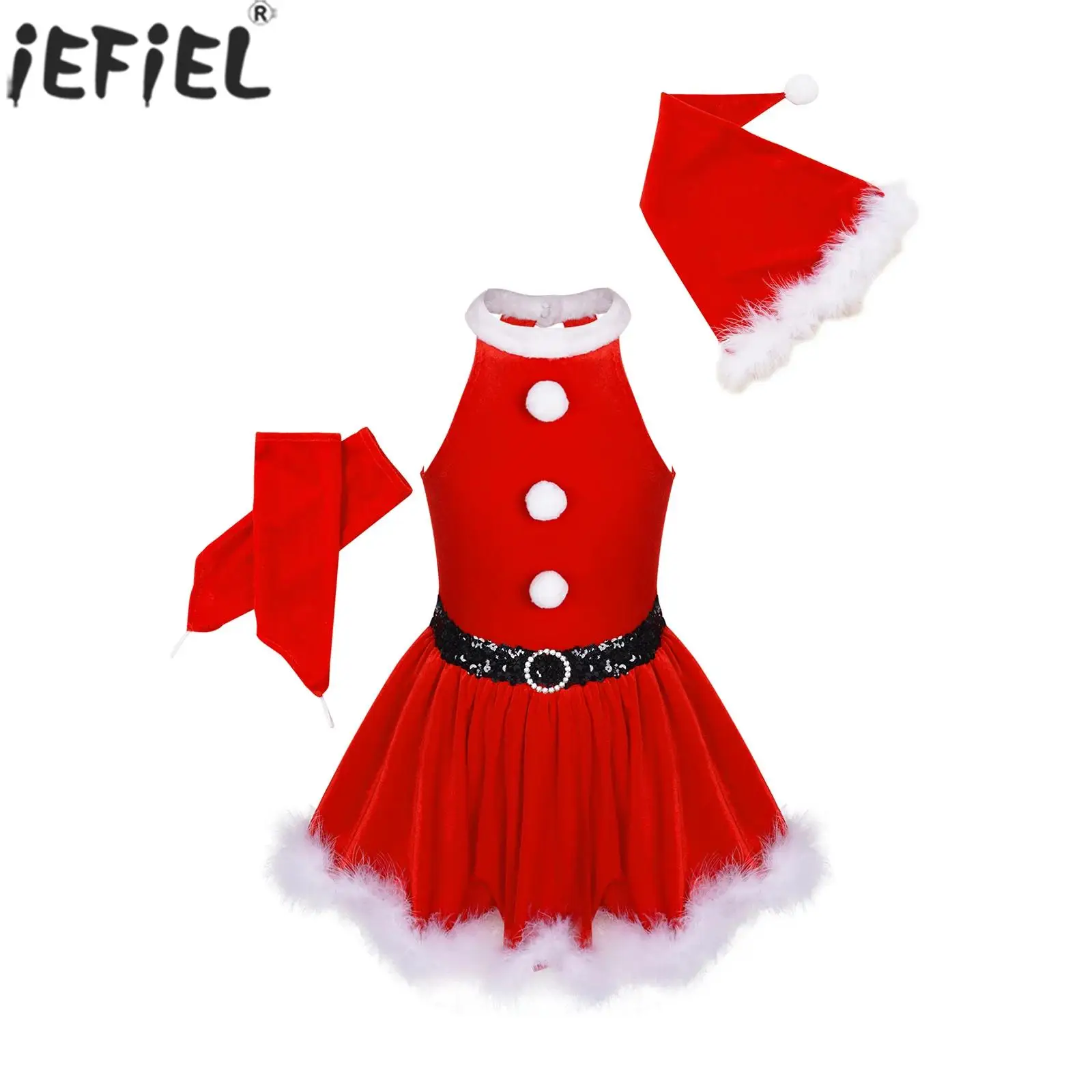 Kids Girls Christmas New Year Party Dress Xmas Santa Claus Cosplay Costume Ballet Dance Skating Leotard Tutu with Hat Gloves