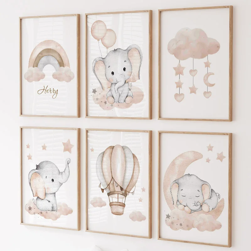（2D Canvas painting） Cute Elephant Hot Balloon Moon Rainbow Cloud Nursery Wall Art Canvas Painting Posters And Prints Picture