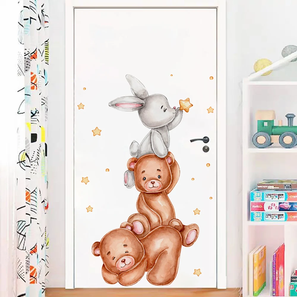 Cute Bunny Bear Star Wall Stickers for Children Boys Girls Baby Room Decoration Cartoon Animals Wallpaper Nursery Wall Decal