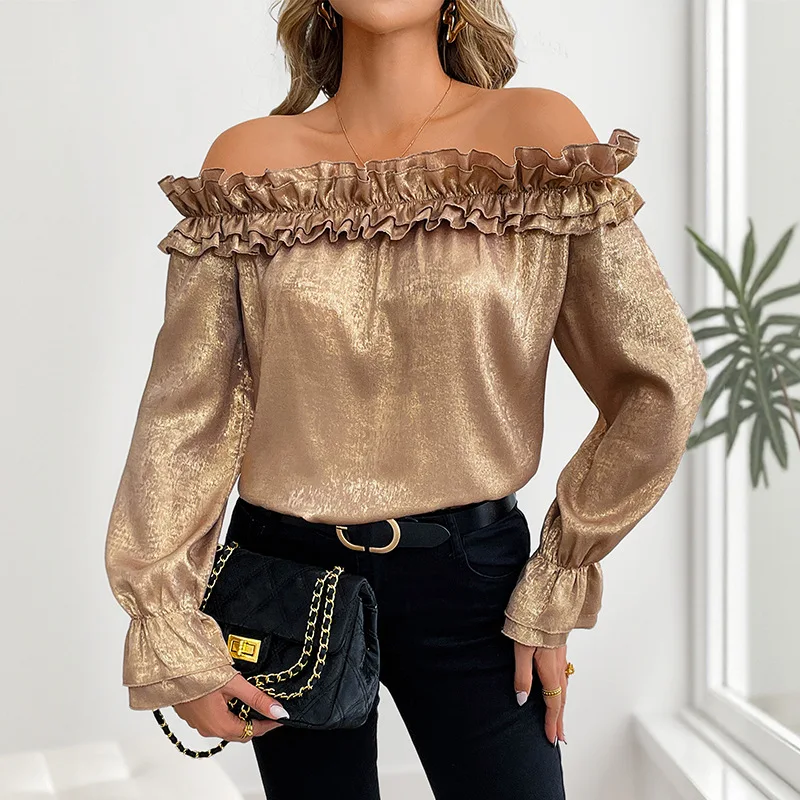 2025 Gold Off Shoulder Shirt Women Sexy Elegant Party Blouse Long Sleeve Ruffle Top Night Club Dinner Going Out Tops
