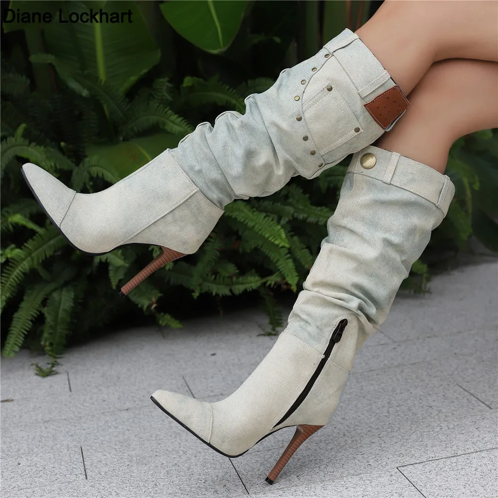 

Women's Autumn and Winter New Pleated High-heeled Short Boots Pointed Zip Knee-length Boots Women's 34-50 Large Mid Length Boots