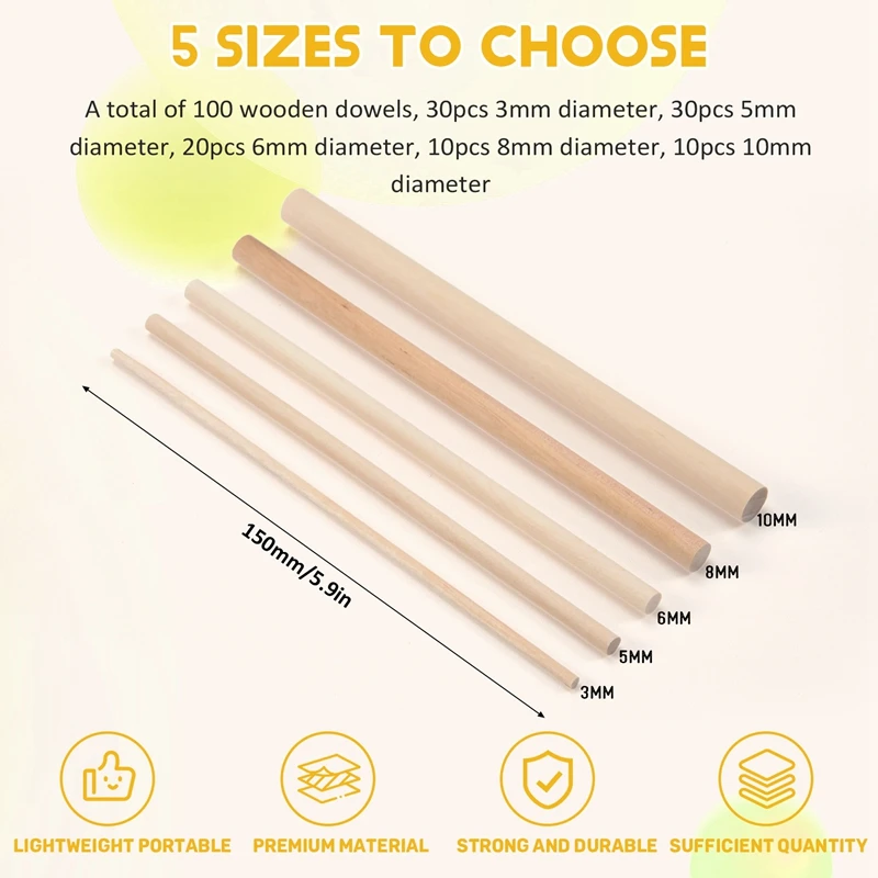 Promosi! 100 buah batang paku dinding kayu batang kerajinan kayu 1/8,3/16,1/4,5/16,3/8x6 inci tongkat untuk kerajinan DIY pernikahan pita W