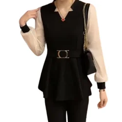 Women Spring and Autumn New Fashion Temperament V-Neck Waist Chiffon Spliced Loose Casual Generous Trouser Suits