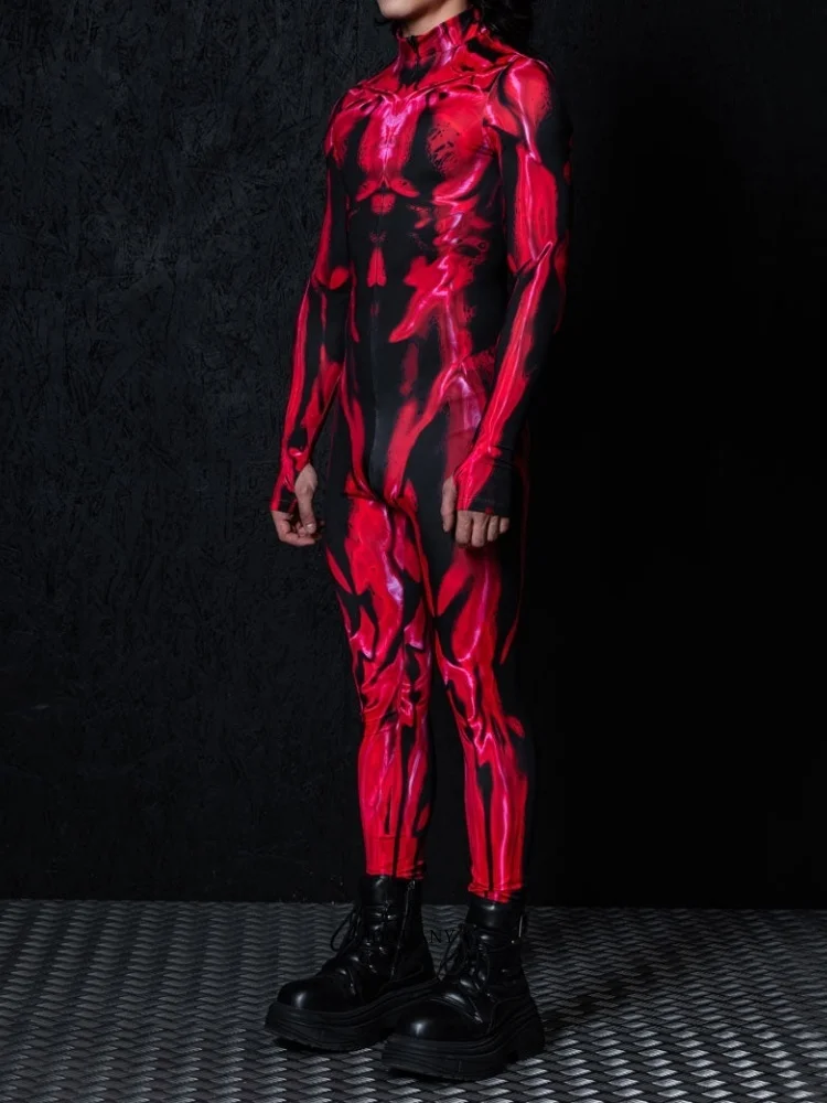 Paar-Halloween-Kostüm, roter, eng anliegender Overall, Stretch-Overall mit Flammenmuskeln für Erwachsene, Bühnen-, Karnevals- und Party-Performance-Anzug für Herren – Detail 9
