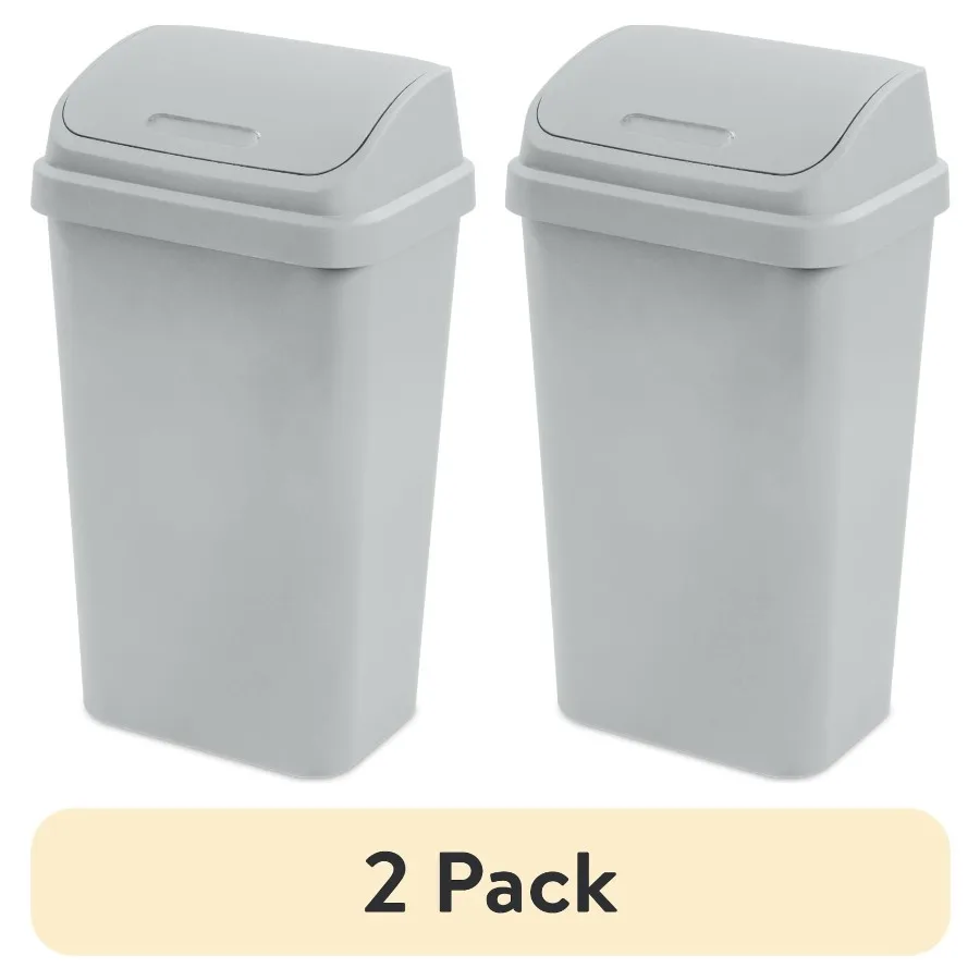 

Kitchen trash can, plastic, light gray, 13-gallon swing-top bin 2 pack