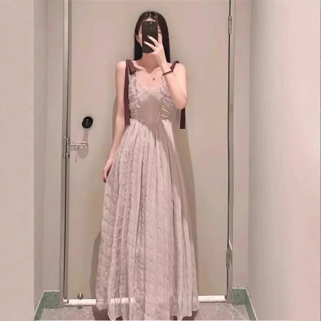 

Japanese Sweet Temperament Tulle Dress Women Fungus Bow Lace Up Slim Fit A-line Robe Female High Waist Elegant Summer Vestidos