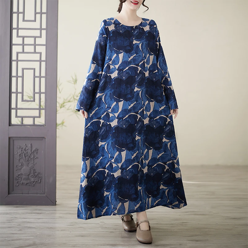 

Элегантное омолаживающее платье из хлопка и льна с принтом, круглым вырезом, свободного кроя, больших размеров, с длинными рукавами, для женщин, праздничное.