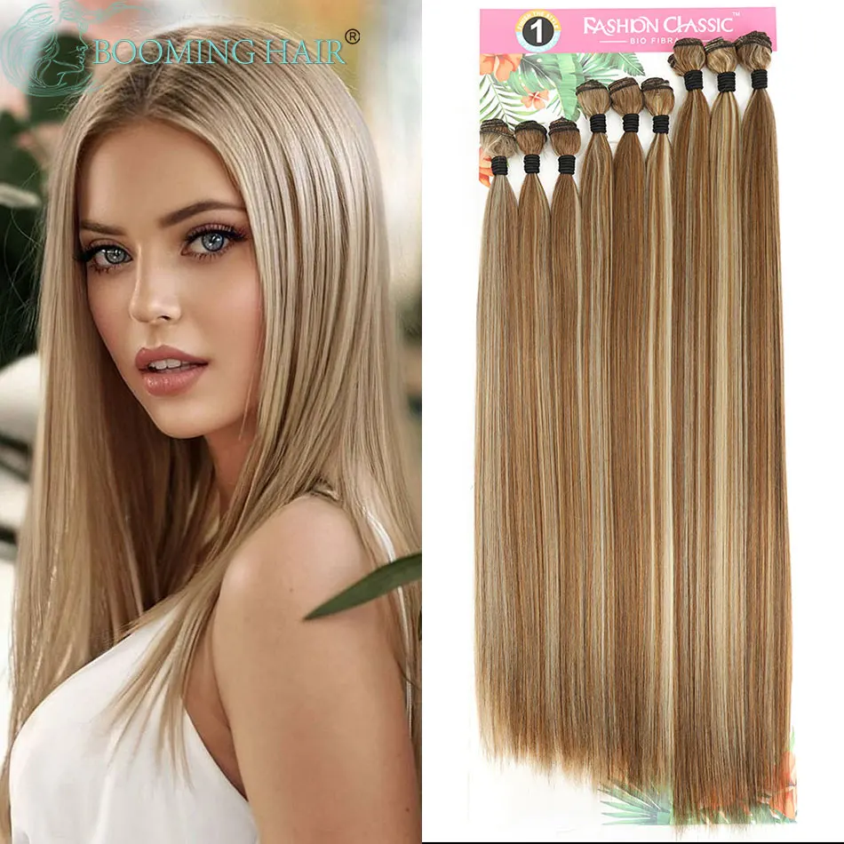 Synthetic Straight Hair Bundles 20 24 28 Inch Long Hair Weaving High Temperature Synthetic Double Weft Hair Extension For Women